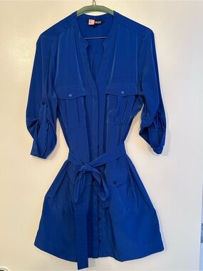 Express Royal Blue Shirt-Style Mini Dress with Waist Tie